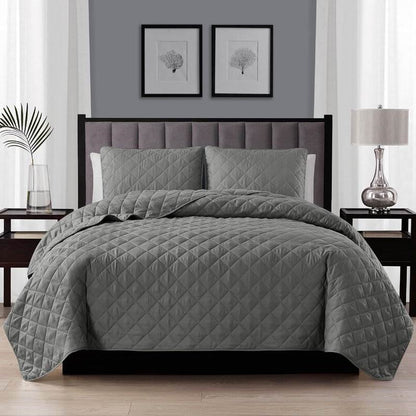 2-Piece Polyester Microfiber Diamond Quilted Quilt Set – Dark Grey