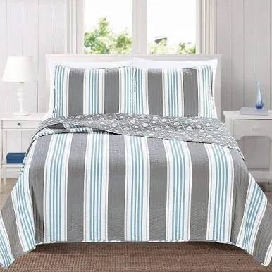 King 3 Piece Coastal Starfish Sand Dollar Grey Blue White Nautical Quilt Set — Chic Home-Decor