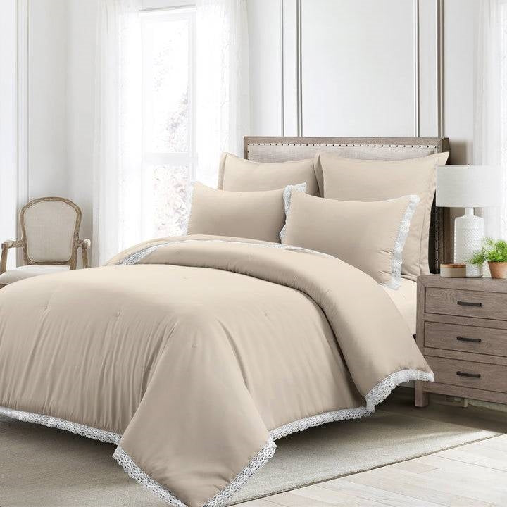 King French Country Beige Tan 5-Piece Lightweight Comforter Set with Lace Trim — Chic Home-Decor