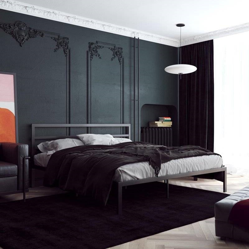 King Black Metal Platform Bed Frame with Headboard Included