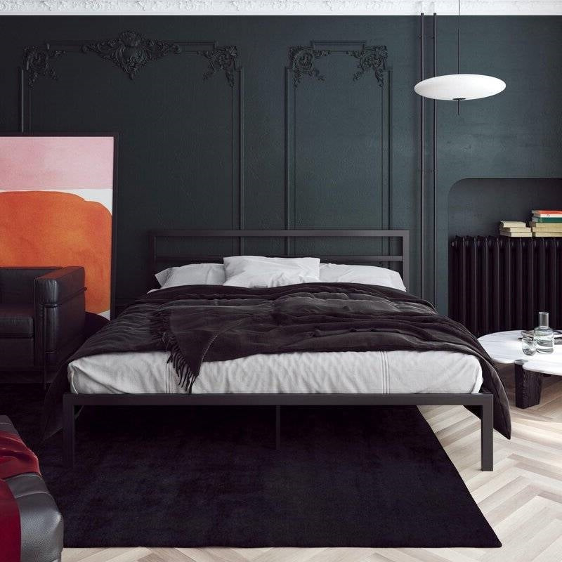 King Black Metal Platform Bed Frame with Headboard Included