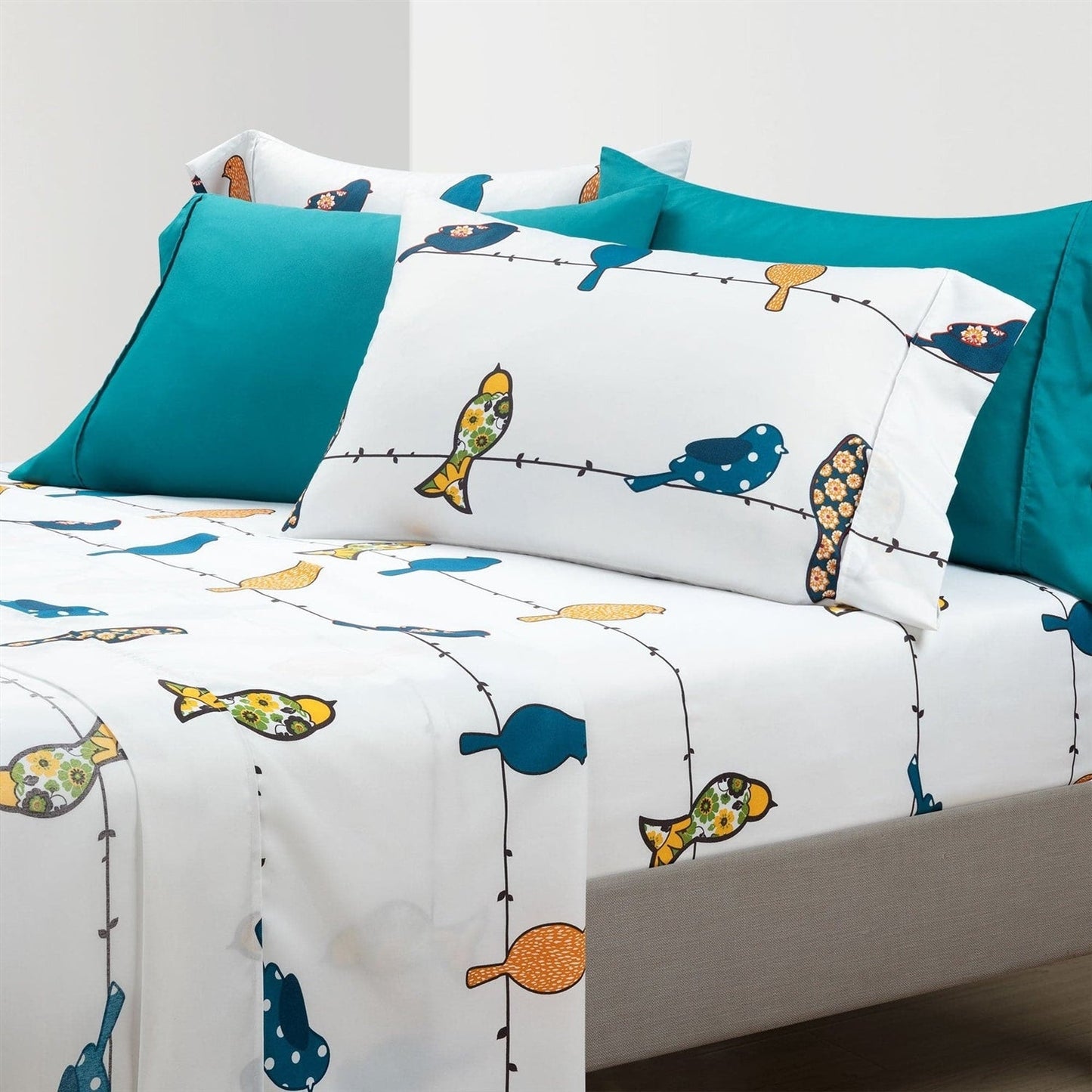 King Teal Yellow White Floral Birds on Wire Soft Polyester 6 Piece Sheet Set — Chic Home-Decor