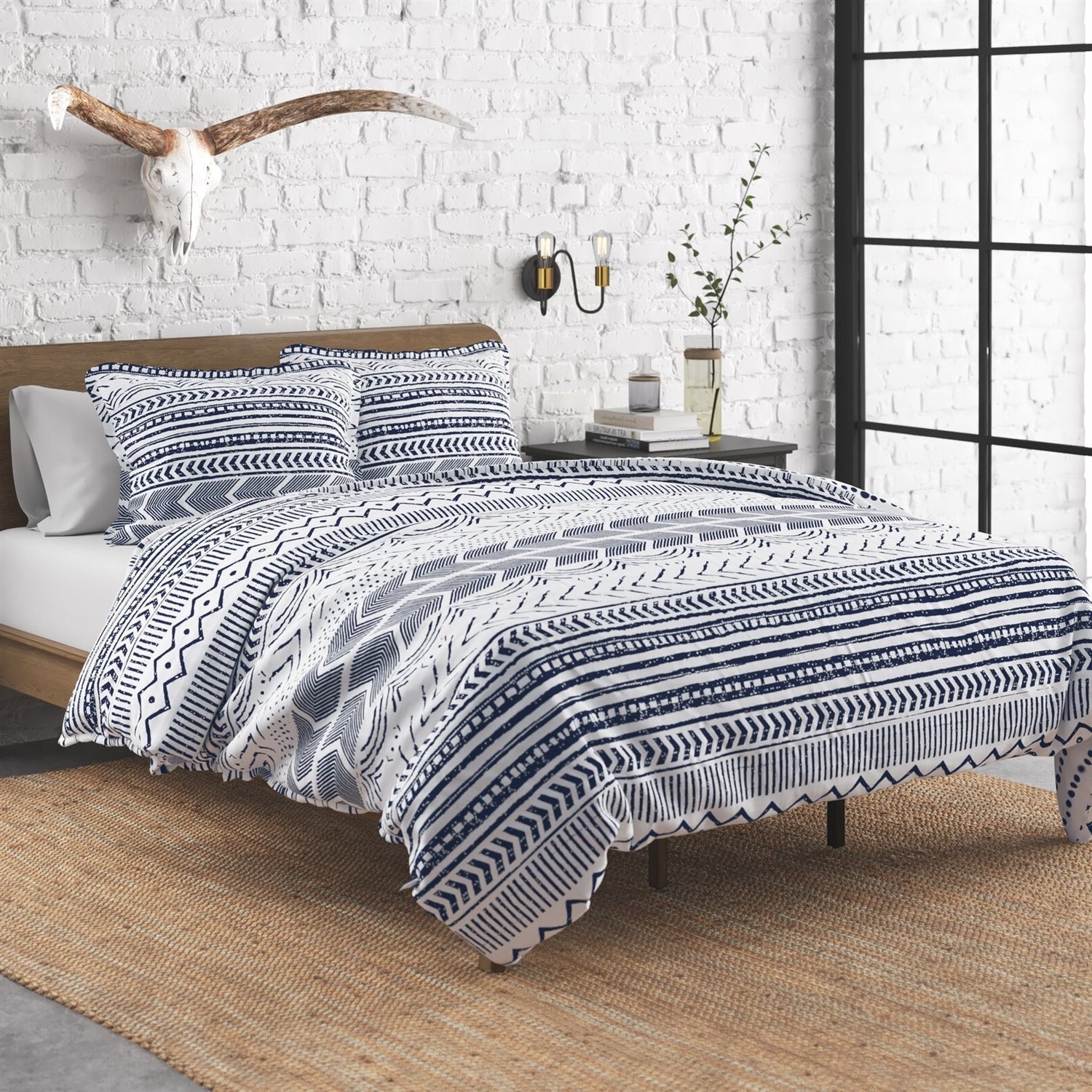 3 Piece Scandinavian Blue White Reversible Cotton Set in King — Chic Home-Decor