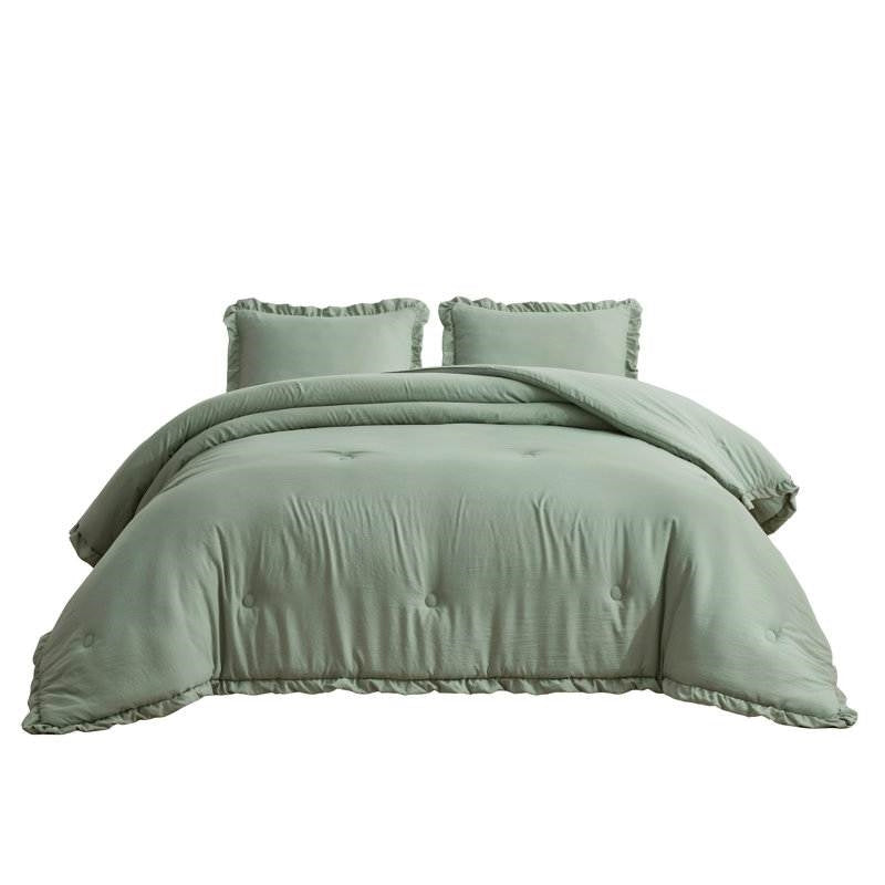 Oversized King Sage Microfiber 3-Piece Comforter Set with Ruffled Edge Trim — Chic Home-Decor