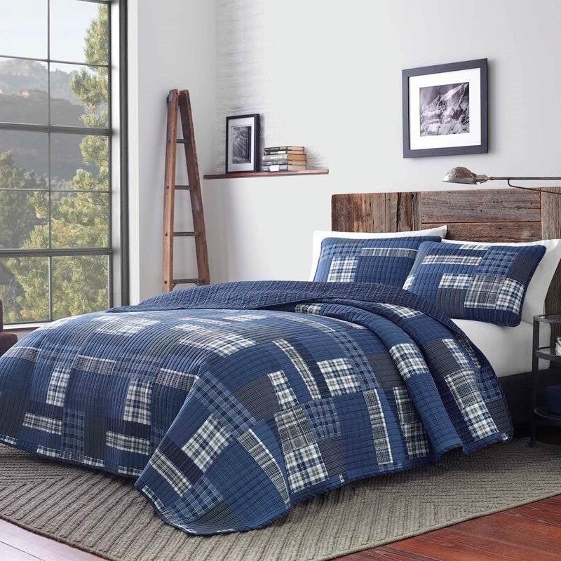 King size 100-Percent Cotton Reversible 3 Piece Blue Patchwork Quilt Set — Chic Home-Decor