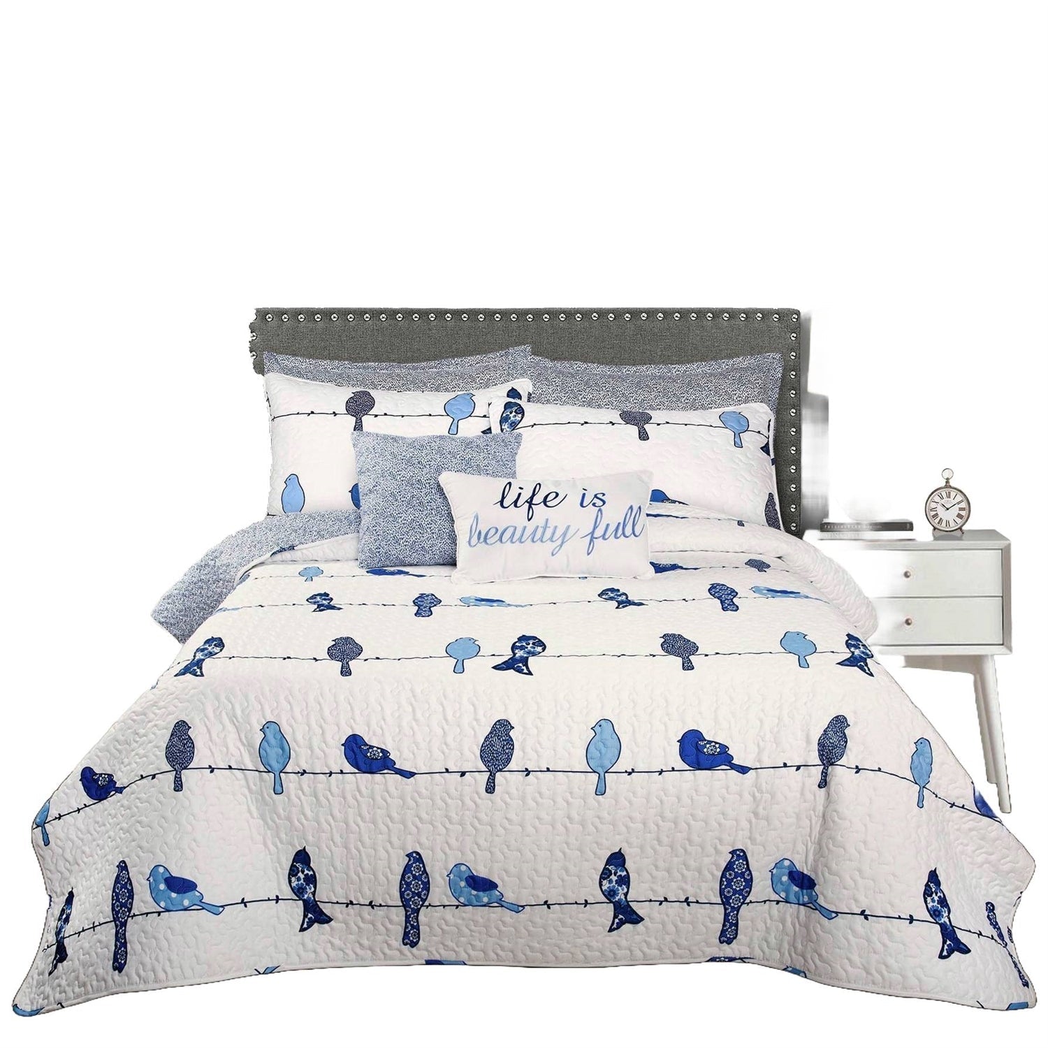 King size Blue White Navy Floral Birds On Wire Lightweight 7 Piece Quilt Set — Chic Home-Decor