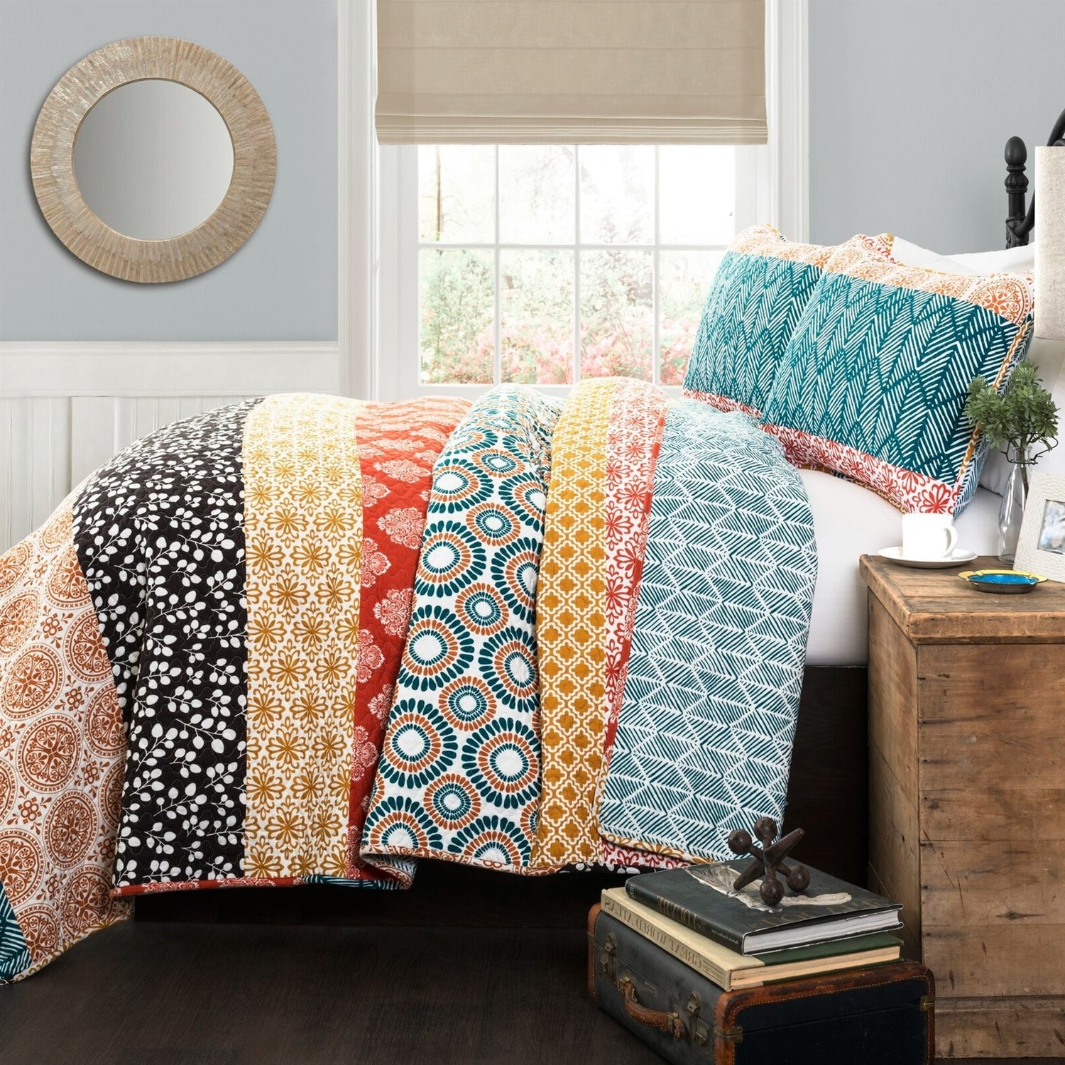 King size Cotton 3 Piece Reversible Teal Orange Bohemian Stripe Quilt Set — Chic Home-Decor