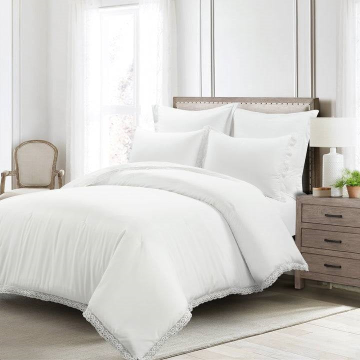 King size White 5-Piece Lightweight Polyester Comforter Set with Lace Trim — Chic Home-Decor