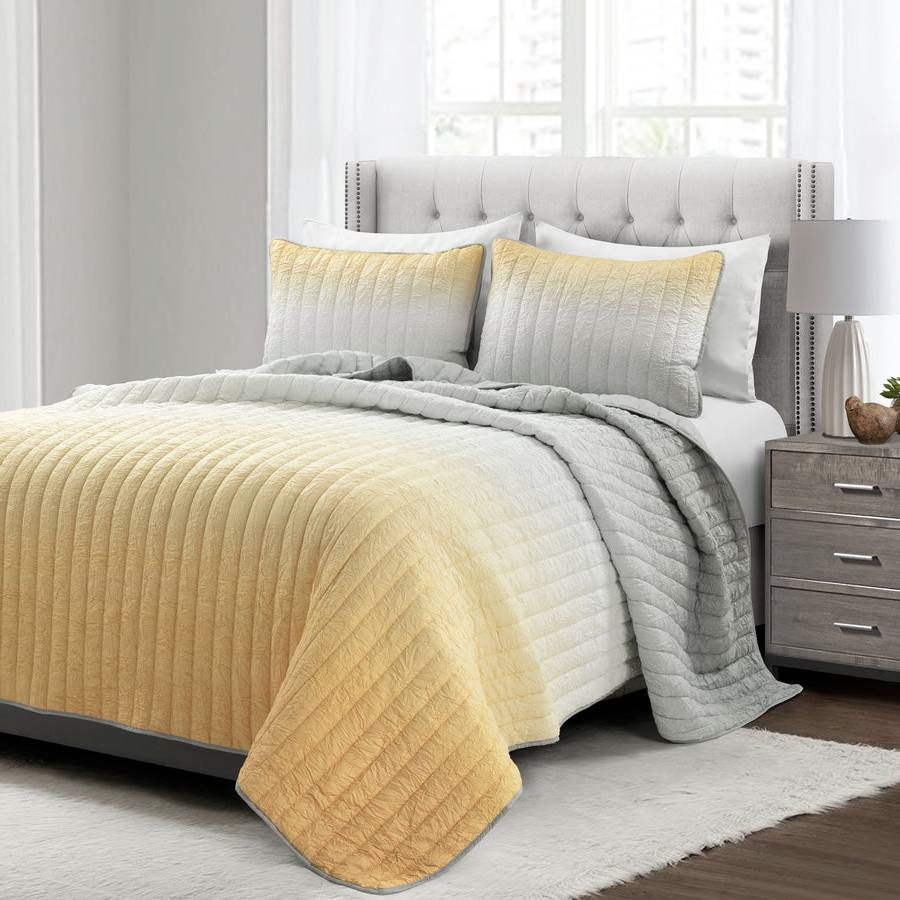 King size Yellow Orange Grey Lightweight Crinkle Fabric 3 Piece Quilt Set — Chic Home-Decor