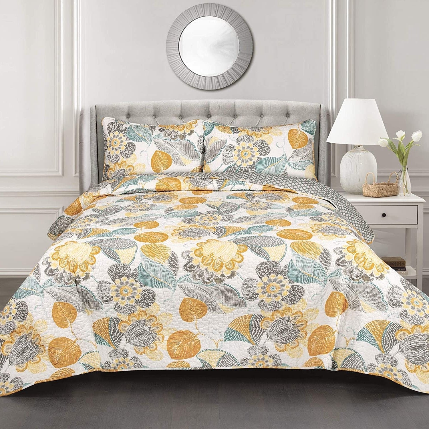 3 Piece Reversible Yellow Grey Floral Cotton Quilt Set in King Size — Chic Home-Decor