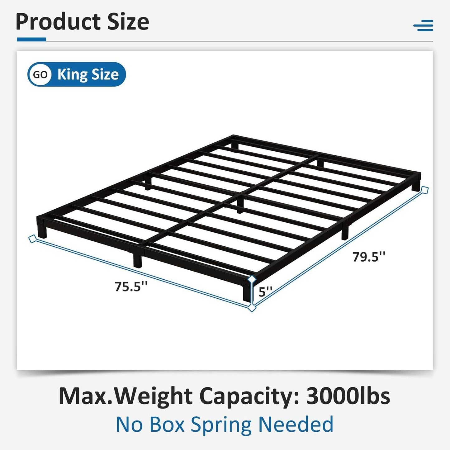 King size 5-inch Heavy Duty Metal Bed Frame with 3,000 lb. Weight Capacity