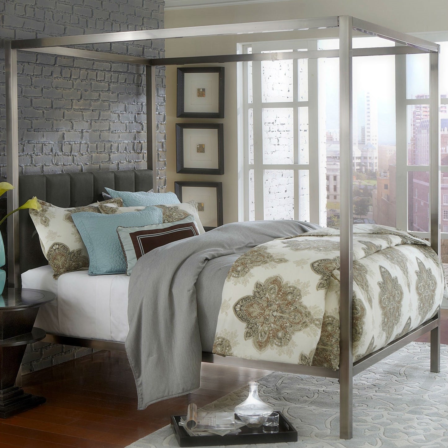 King size Modern Metal Canopy Bed with Upholstered Headboard