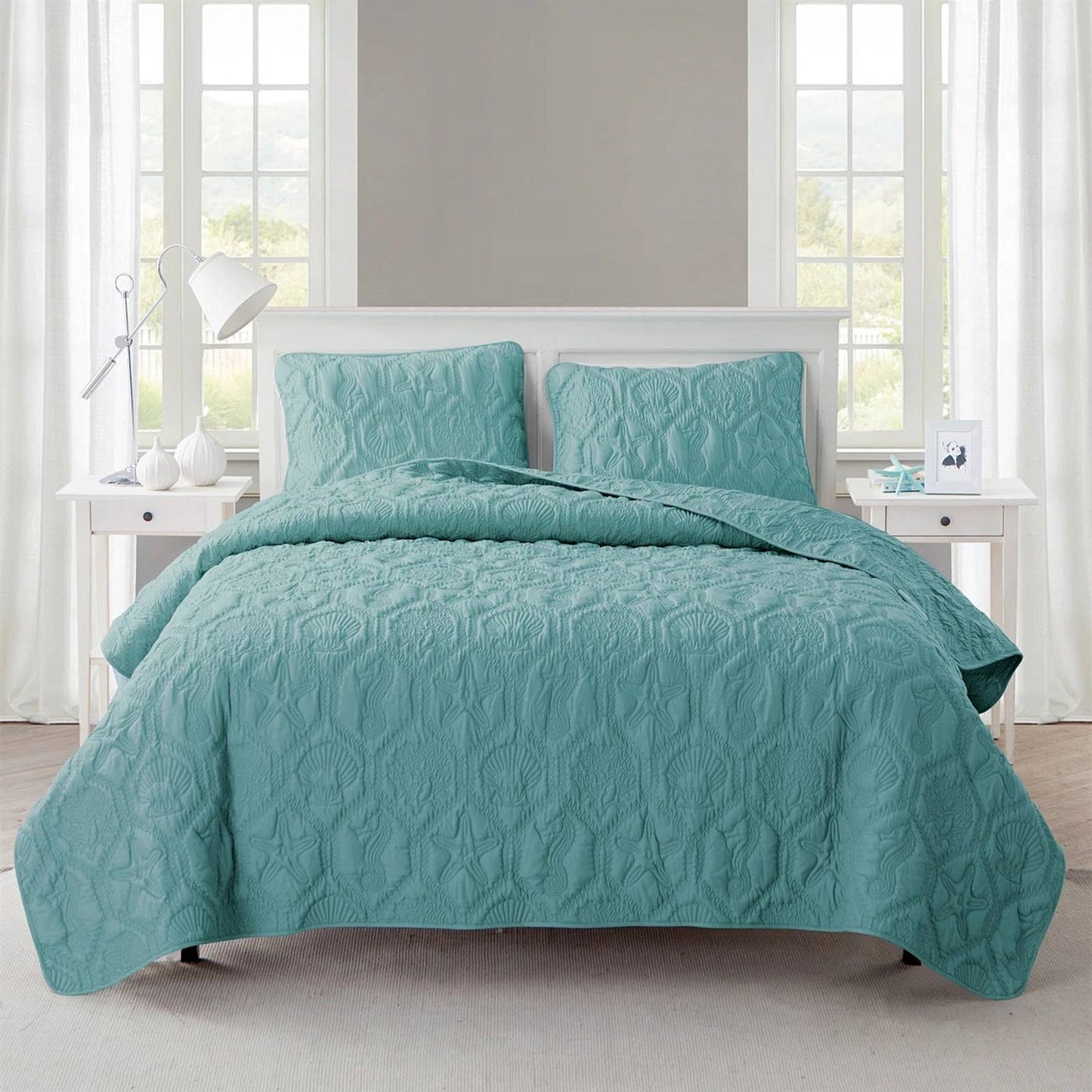 King Coastal Beach Starfish Seashell Seahorse Aqua Blue Teal 3-Piece Quilt Set — Chic Home-Decor