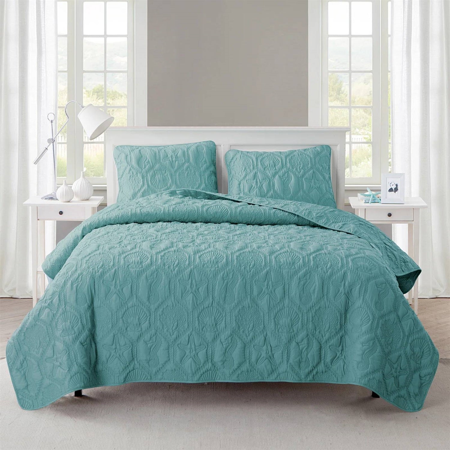 King Coastal Beach Starfish Seashell Seahorse Aqua Blue Teal 3-Piece Quilt Set — Chic Home-Decor