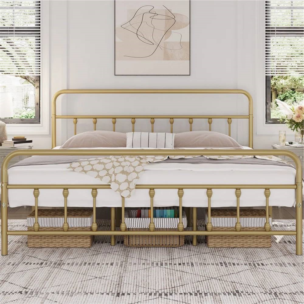 Vintage Antique Gold Metal Platform Bed Frame with Headboard Footboard – King