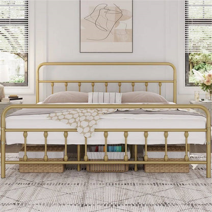 Vintage Antique Gold Metal Platform Bed Frame with Headboard Footboard – King