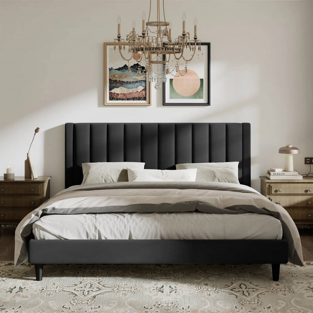 Velvet Upholstered Platform Bed Frame with Headboard – Black