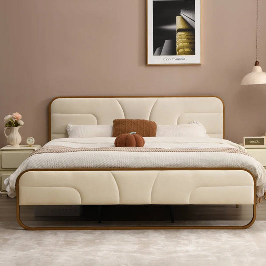 King Beige Upholstered Headboard Footboard Platform Bed with Gold Metal Frame