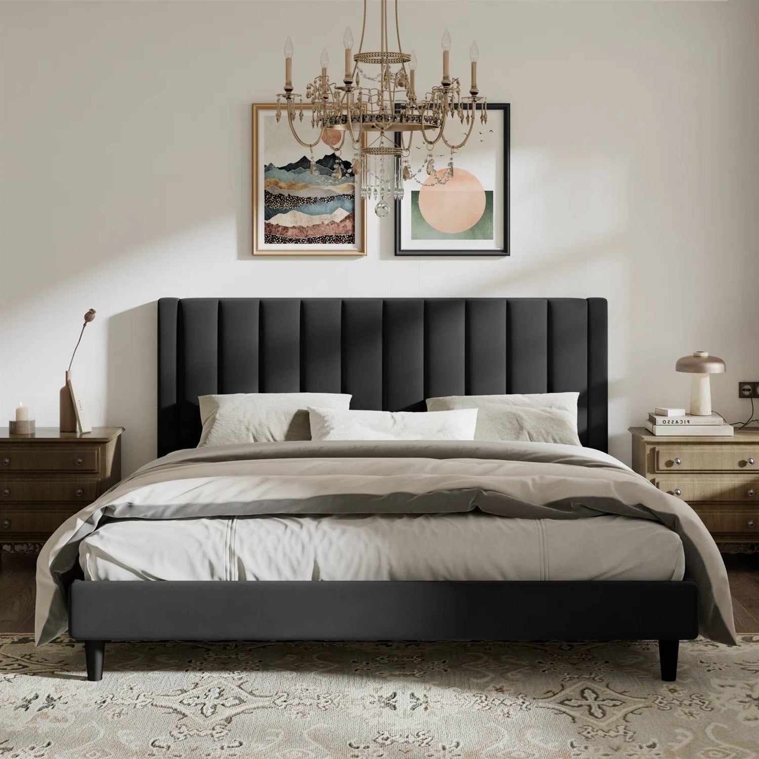 King size Modern Black Velvet Upholstered Platform Bed with Headboard — Chic Home-Decor