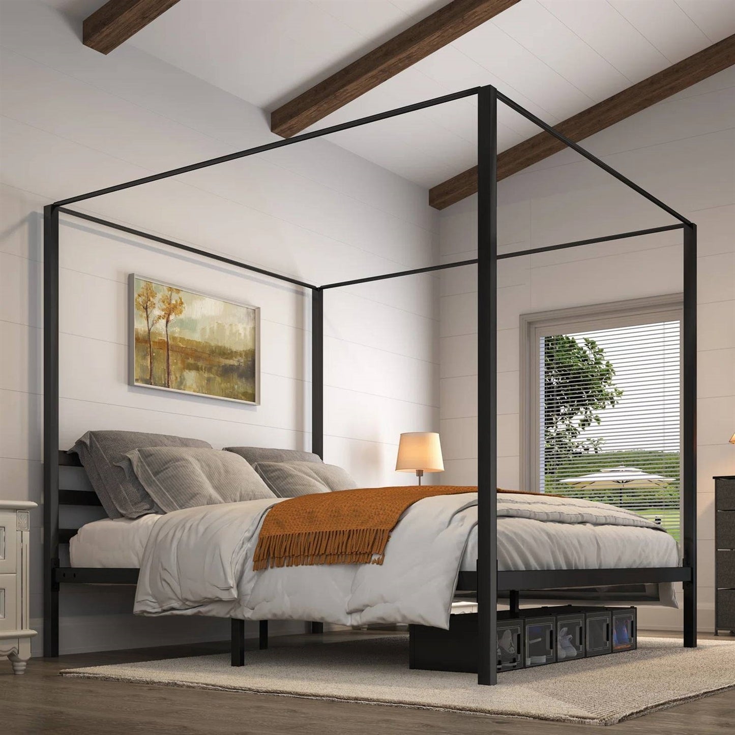 King size Modern Four Poster Metal Canopy Bed in Black Finish — Chic Home-Decor