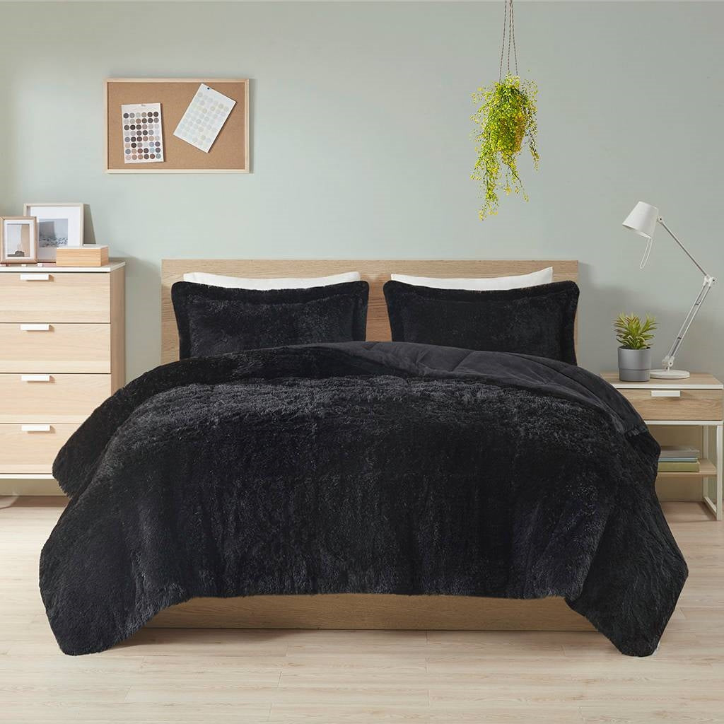 King/CAL King Black Soft Sherpa Faux Fur 3-Piece Comforter Set with Pillow Shams — Chic Home-Decor
