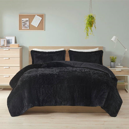 Soft Sherpa Faux Fur 3-Piece Comforter Set with Pillow Shams – Black