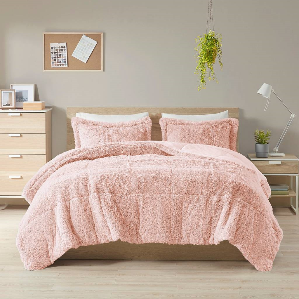 King/CAL King Pink Blush Soft Sherpa Faux Fur 3-Piece Comforter Set with Shams — Chic Home-Decor