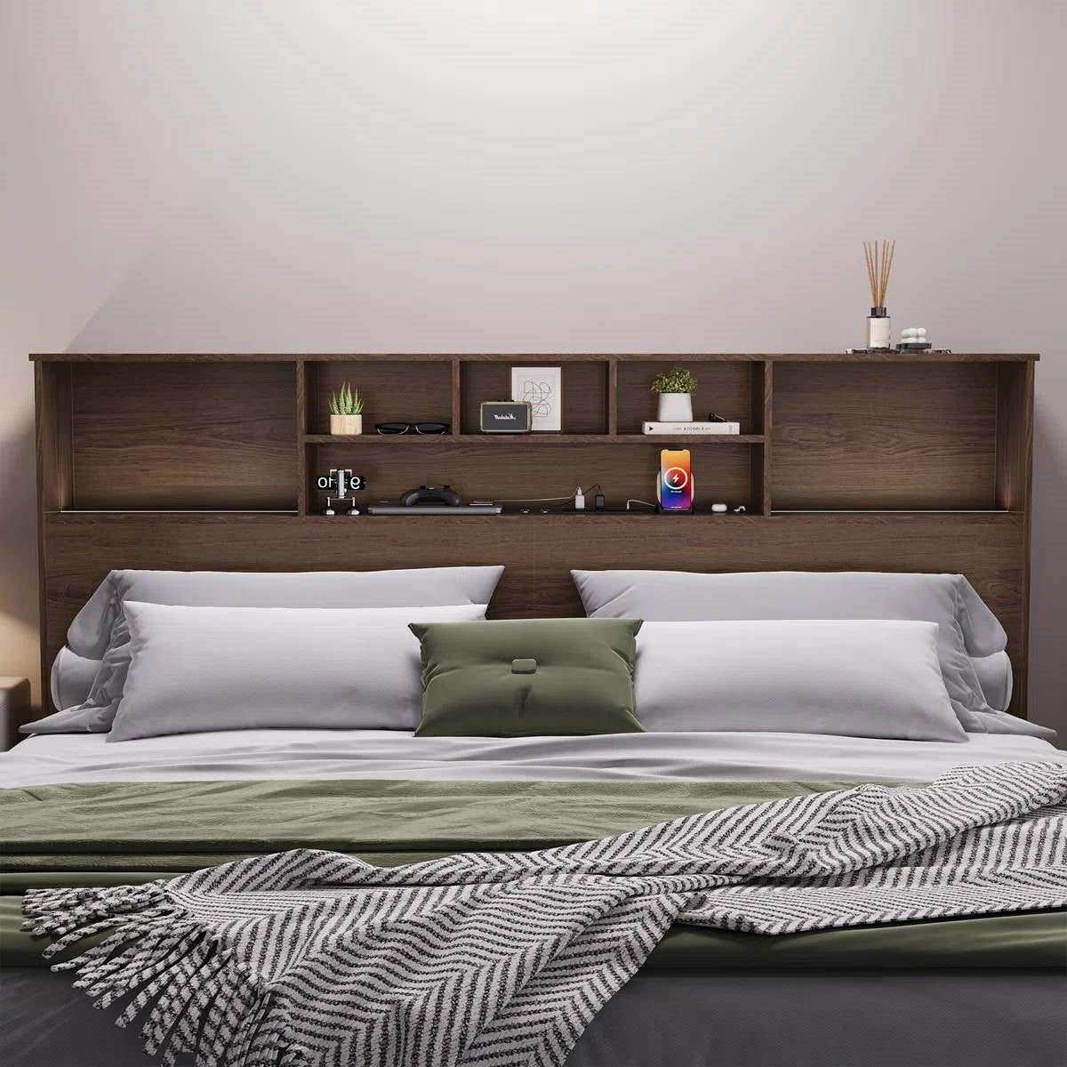 King-size bookcase headboard in brown wood finish with LED lights, FastFurnishings bed set