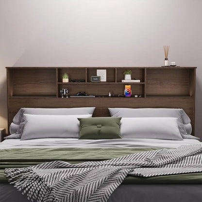 King-size bookcase headboard in brown wood finish with LED lights, FastFurnishings bed set