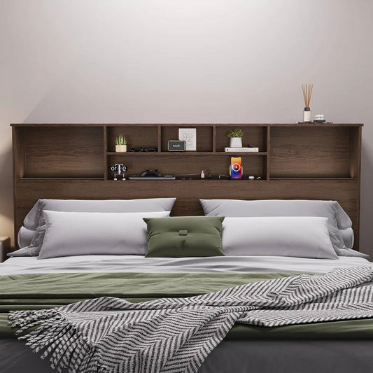 King-size bookcase headboard in brown wood finish with LED lights, FastFurnishings bed set
