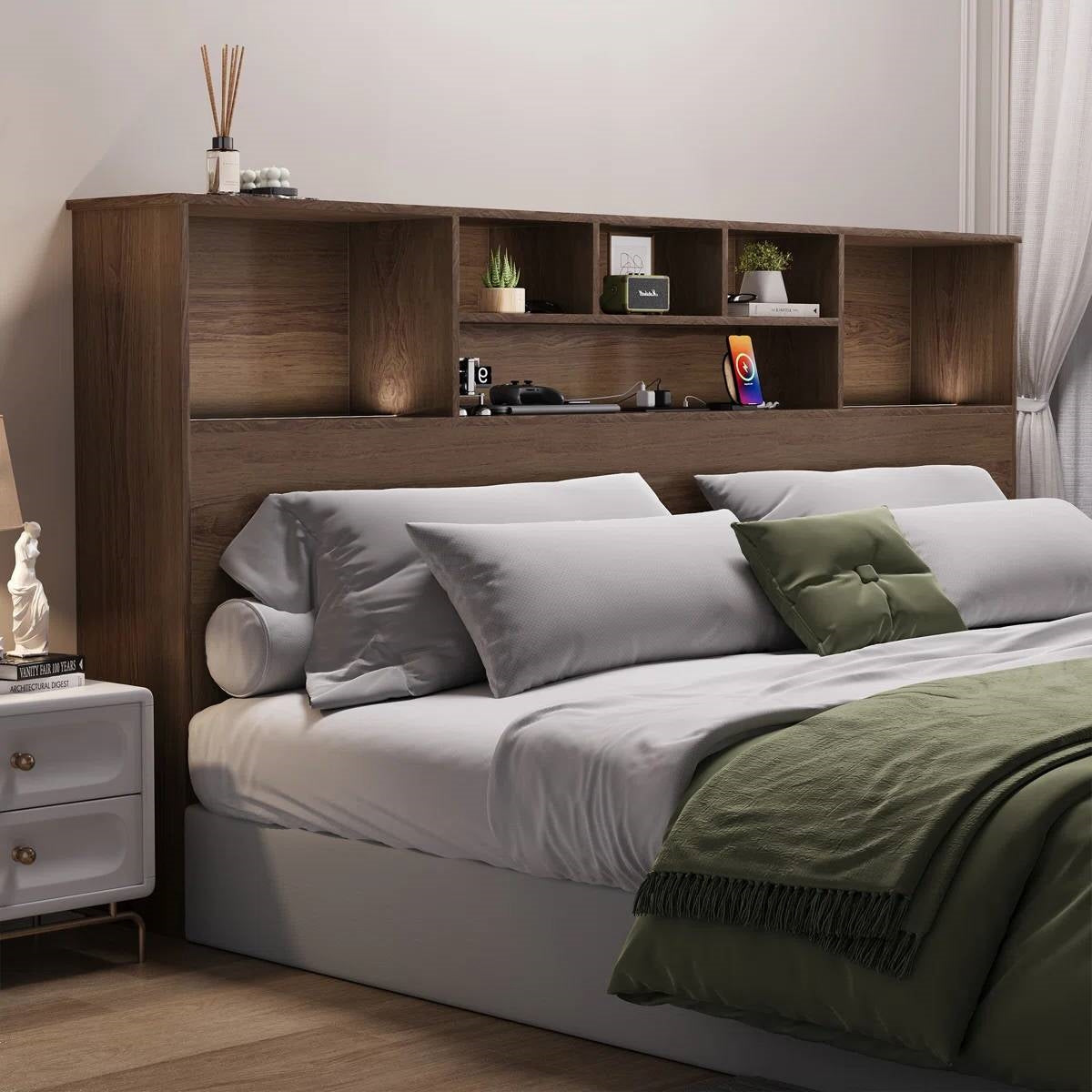 King-size bed with bookcase headboard in brown wood finish featuring integrated shelves and LED lighting