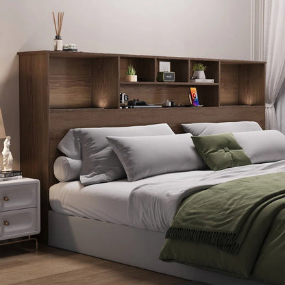 King-size bed with bookcase headboard in brown wood finish featuring integrated shelves and LED lighting