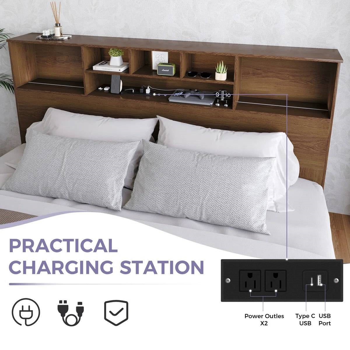King size bookcase headboard in brown wood with LED lights and built-in charging station; Marshall speaker on shelf.