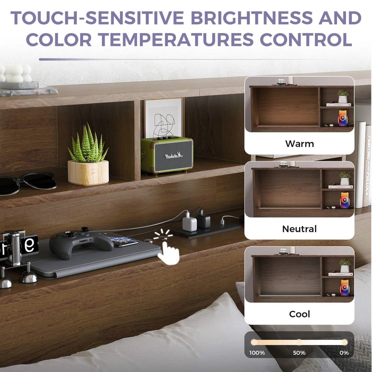 King-size bookcase headboard in brown wood finish with built-in shelves and LED lights; Warm, Neutral, Cool modes.