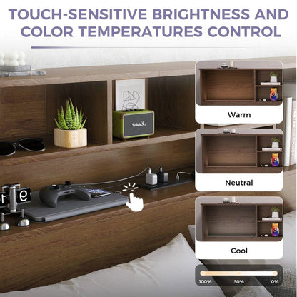 King-size bookcase headboard in brown wood finish with built-in shelves and LED lights; Warm, Neutral, Cool modes.