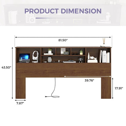King size bookcase headboard in brown wood finish with built-in shelves
