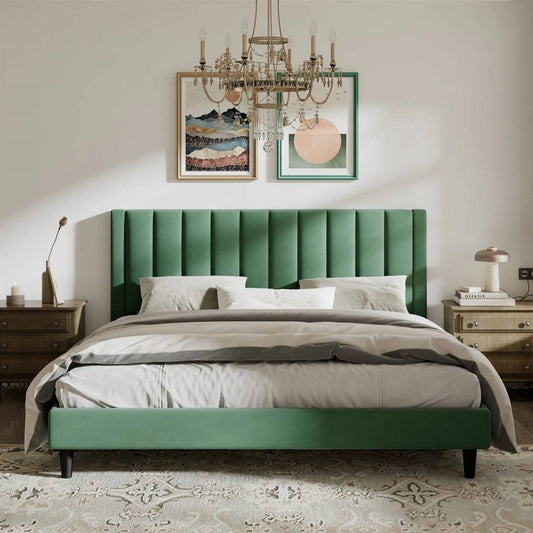 King size Green Velvet Upholstered Platform Bed Frame with Headboard — Chic Home-Decor