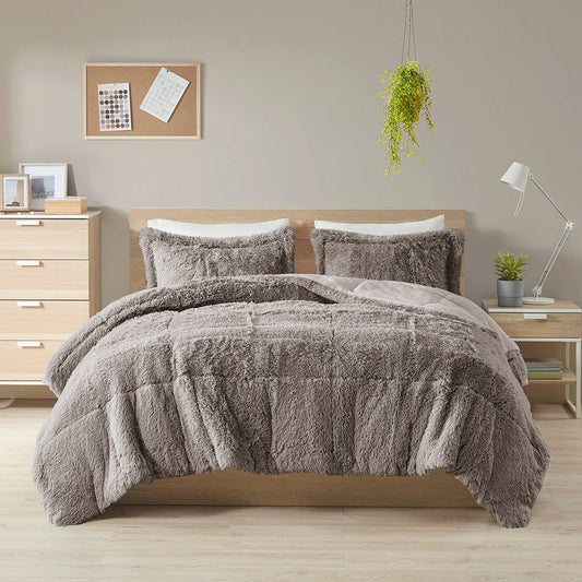 King/CAL King Grey Soft Sherpa Faux Fur 3-Piece Comforter Set with Pillow Shams — Chic Home-Decor