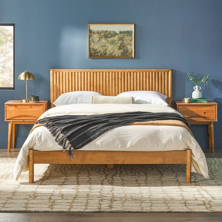 King Size Farmhouse Bohemian Wooden Platform Bed Textured Headboard