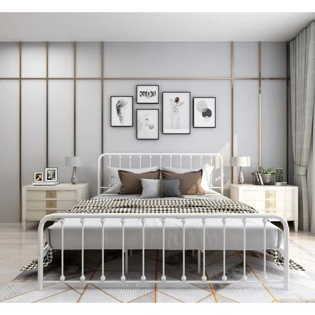 King White Metal Platform Bed Frame with Rounded Corners Headboard Footboard — Chic Home-Decor