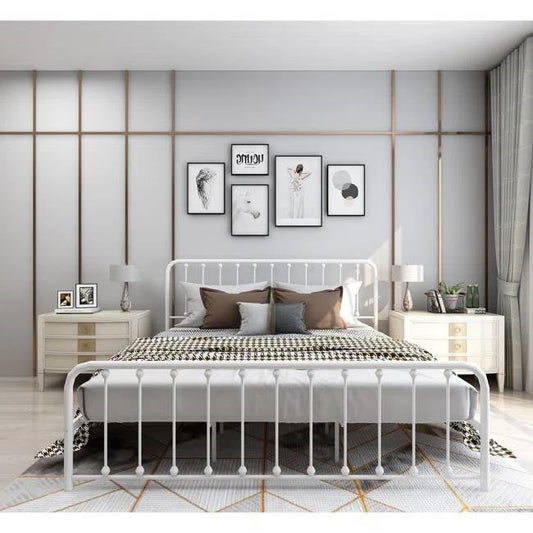 King White Metal Platform Bed Frame with Rounded Corners Headboard Footboard — Chic Home-Decor