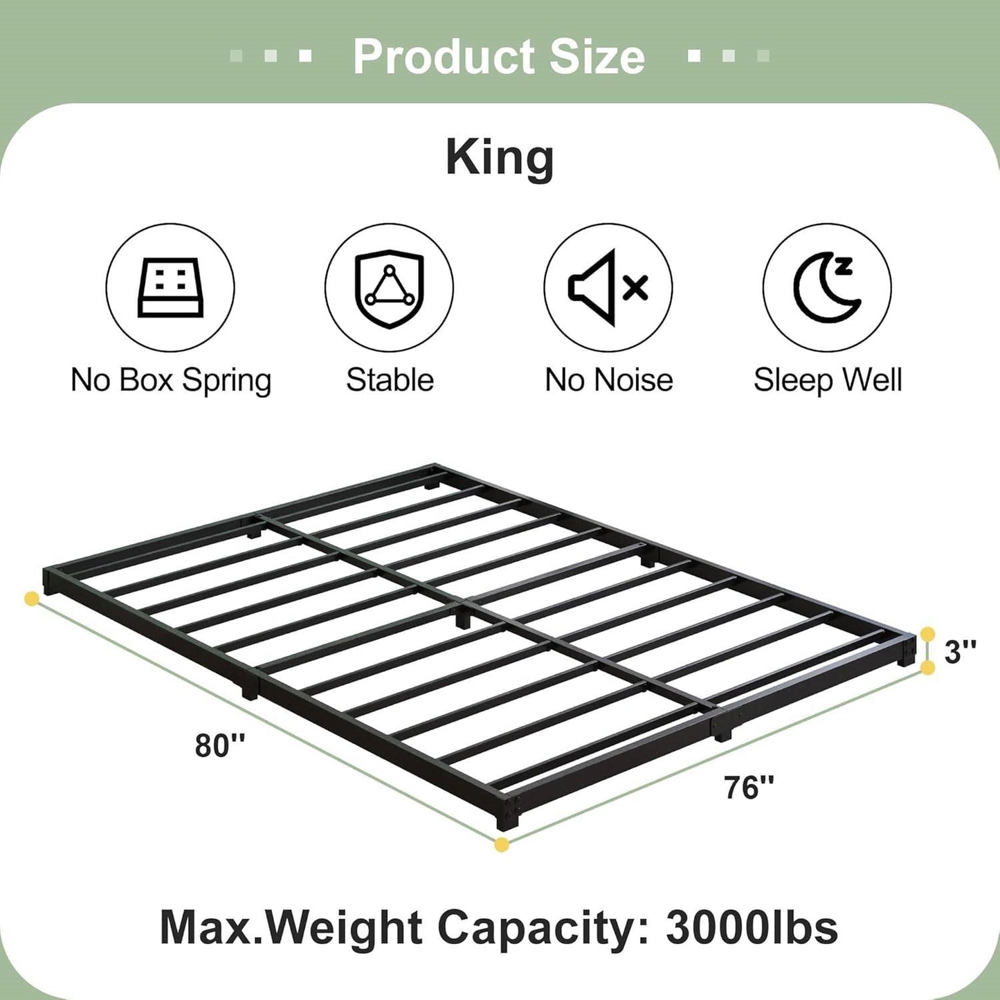 King size 3-inch Low Profile Heavy Duty Metal Bed Frame in Matte Black