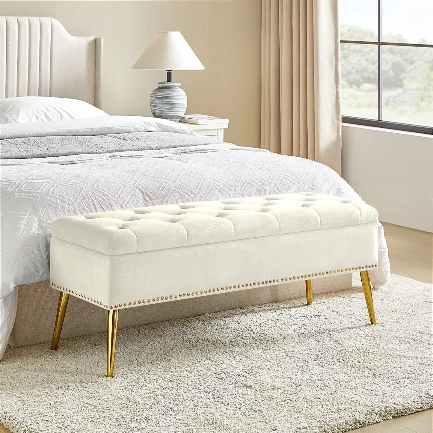 Mid-Century Modern Bed Storage Bench with Ivory Velvet Seat and Gold Legs — Chic Home-Decor