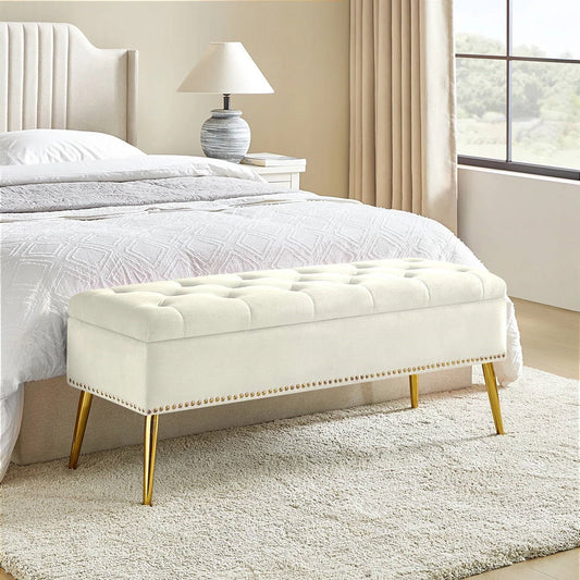 Mid-Century Modern Bed Storage Bench with Ivory Velvet Seat and Gold Legs — Chic Home-Decor