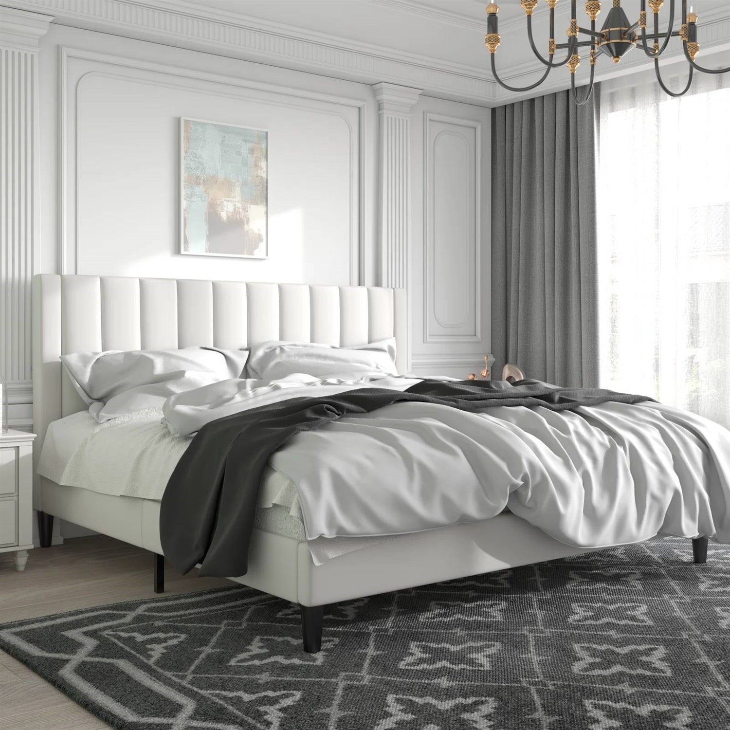 King size White Velvet Upholstered Platform Bed Frame with Headboard — Chic Home-Decor