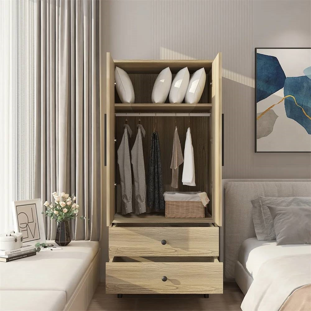 Mid-Century 2-Door Armoire Wardrobe Cabinet with Hanging Rail in Oak Finish — Chic Home-Decor