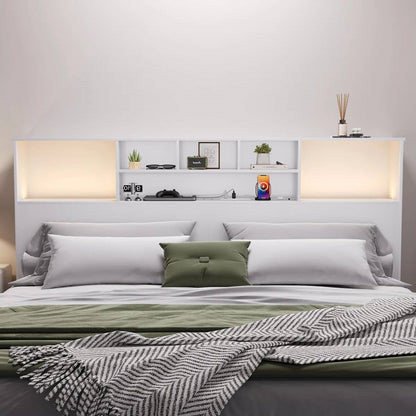 King size bookcase headboard in white wood finish with built-in LED lighting and open shelving