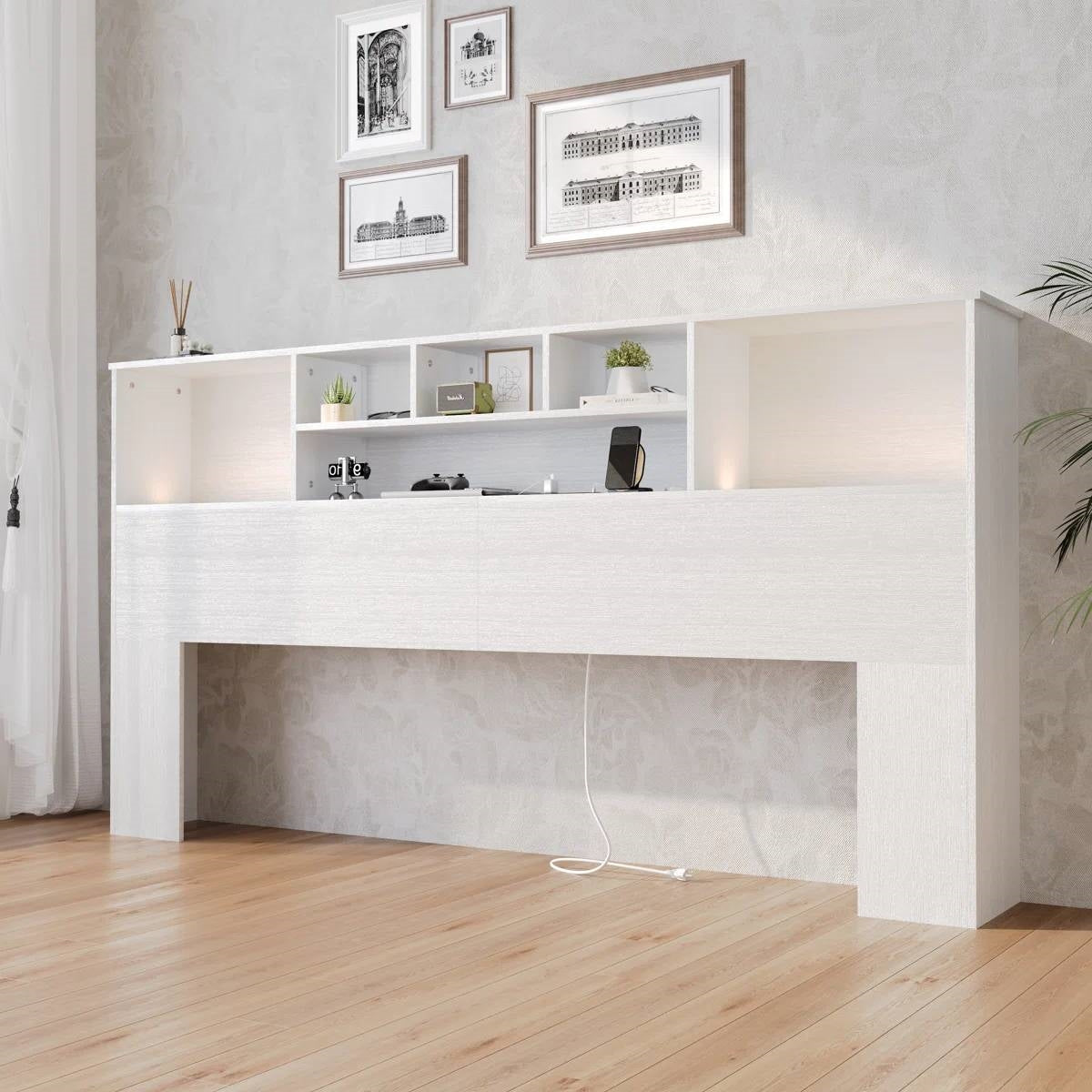King size bookcase headboard, white wood finish with built-in LED lighting, by FastFurnishings bed sets