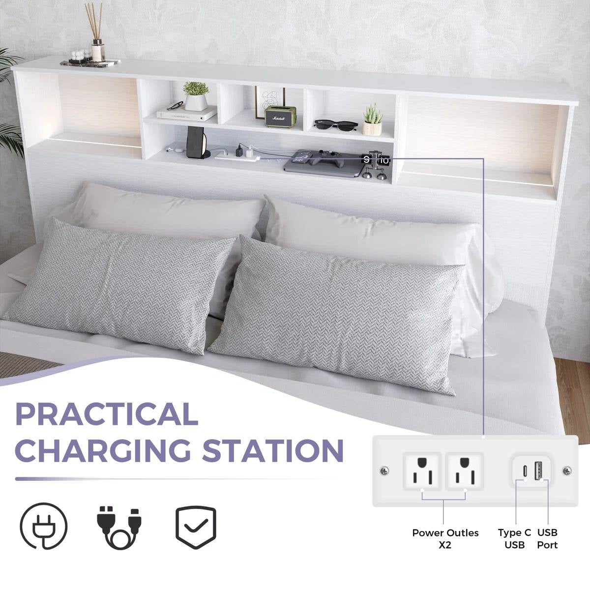 King-size bookcase headboard in white wood finish by FastFurnishings with built-in LED lighting and charging station.