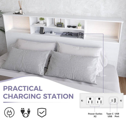 King-size bookcase headboard in white wood finish by FastFurnishings with built-in LED lighting and charging station.
